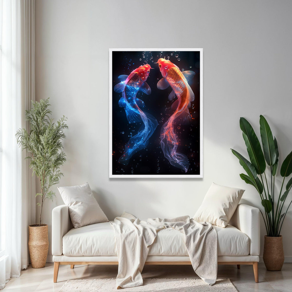 Glowing Koi Fish Canvas Wall Art, Red and Blue Neon Fish, Underwater Fantasy Decor, Vibrant Aquarium Art, Modern Gift Art, Home Decor, Print