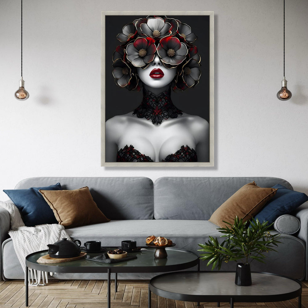 Avant-Garde Woman Portrait Canvas, Floral Headpiece Artwork, Gothic Style Wall Art, Red and Black Decorative Gift Art, Home Decor, Print