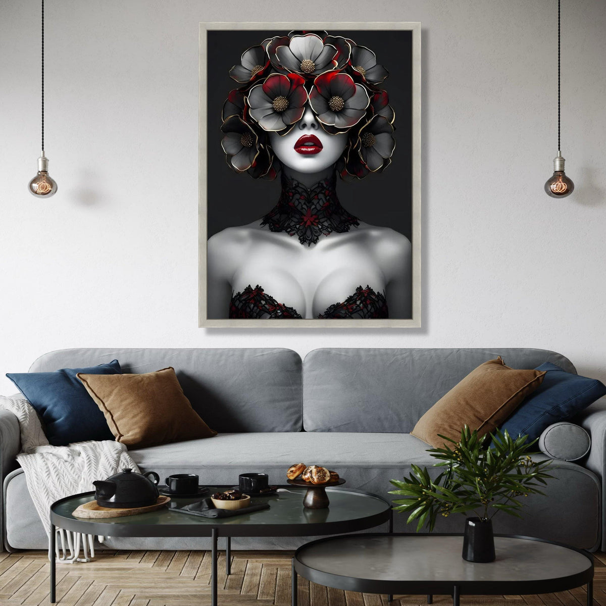 Avant-Garde Woman Portrait Canvas, Floral Headpiece Artwork, Gothic Style Wall Art, Red and Black Decorative Gift Art, Home Decor, Print