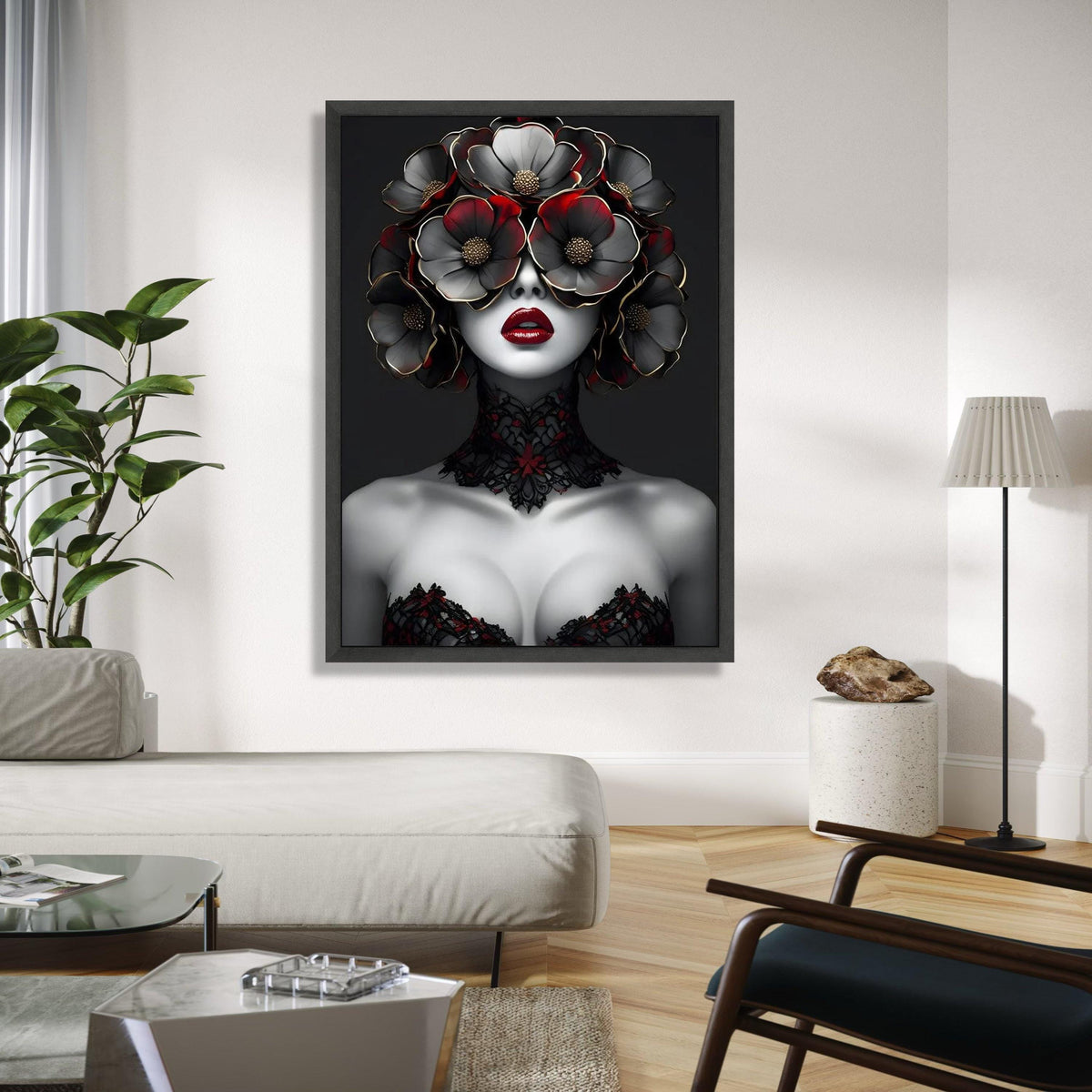 Avant-Garde Woman Portrait Canvas, Floral Headpiece Artwork, Gothic Style Wall Art, Red and Black Decorative Gift Art, Home Decor, Print