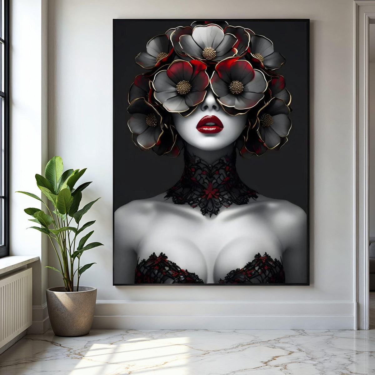 Avant-Garde Woman Portrait Canvas, Floral Headpiece Artwork, Gothic Style Wall Art, Red and Black Decorative Gift Art, Home Decor, Print