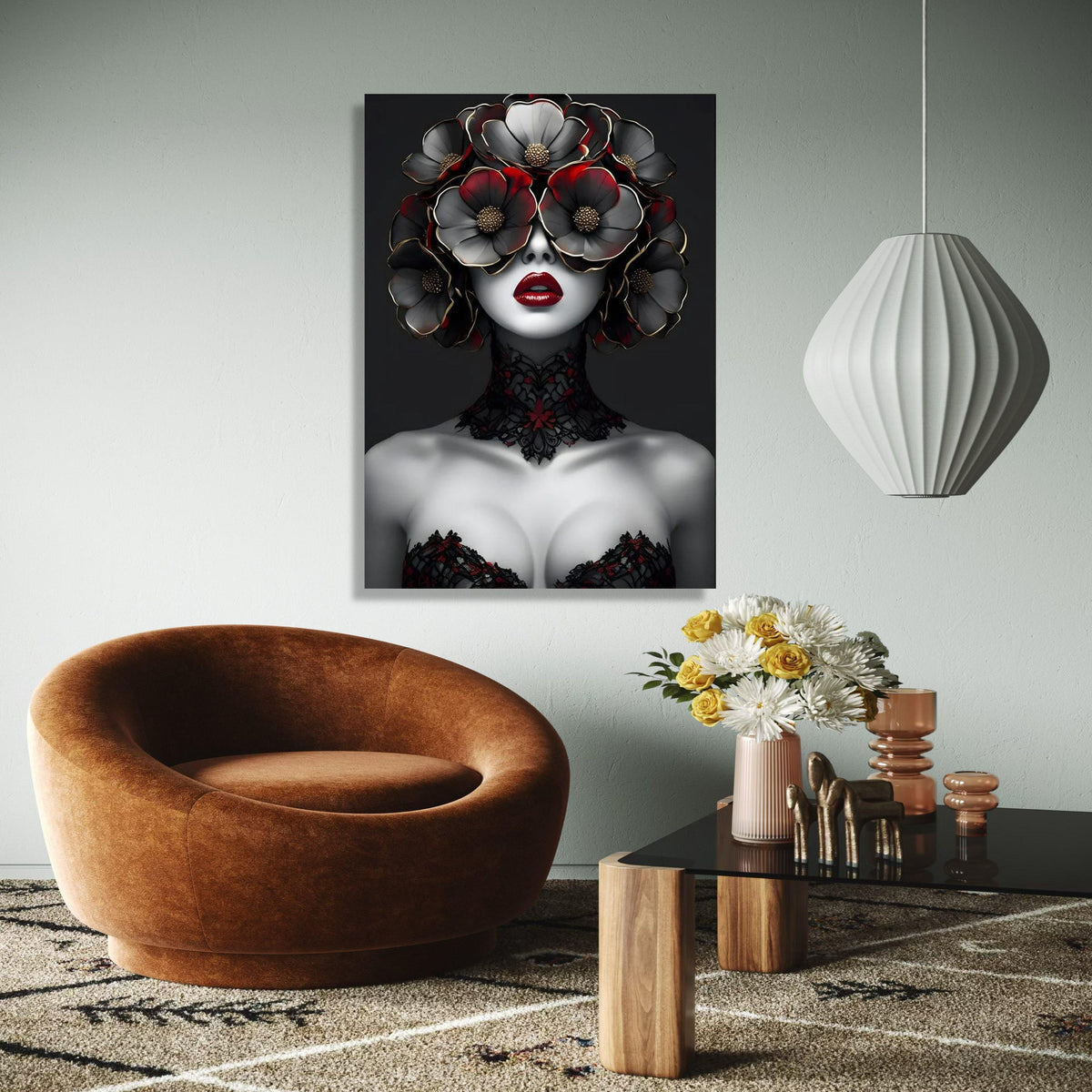 Avant-Garde Woman Portrait Canvas, Floral Headpiece Artwork, Gothic Style Wall Art, Red and Black Decorative Gift Art, Home Decor, Print