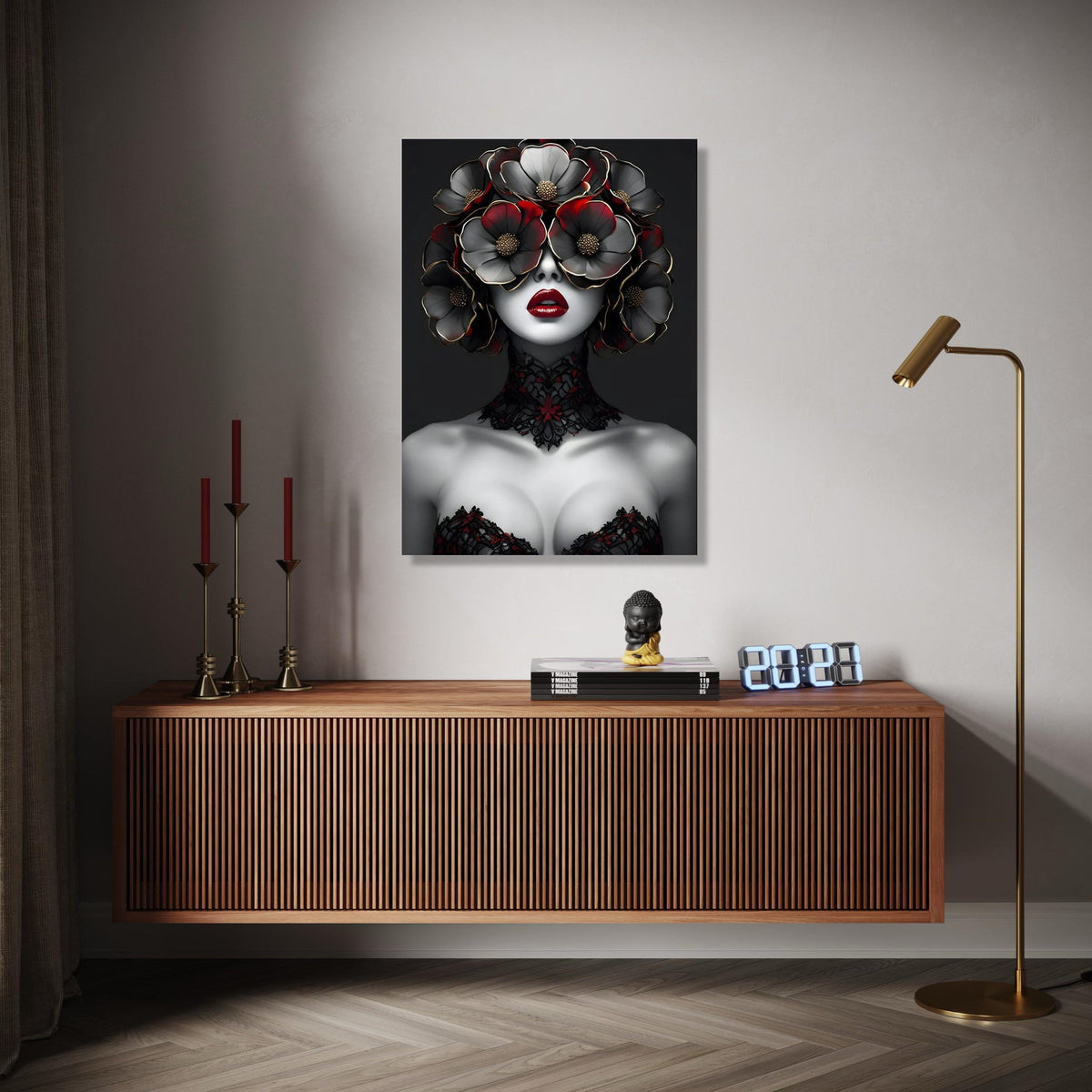 Avant-Garde Woman Portrait Canvas, Floral Headpiece Artwork, Gothic Style Wall Art, Red and Black Decorative Gift Art, Home Decor, Print