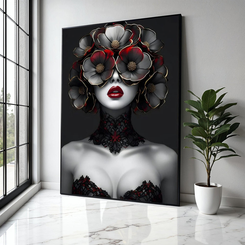 Avant-Garde Woman Portrait Canvas, Floral Headpiece Artwork, Gothic Style Wall Art, Red and Black Decorative Gift Art, Home Decor, Print