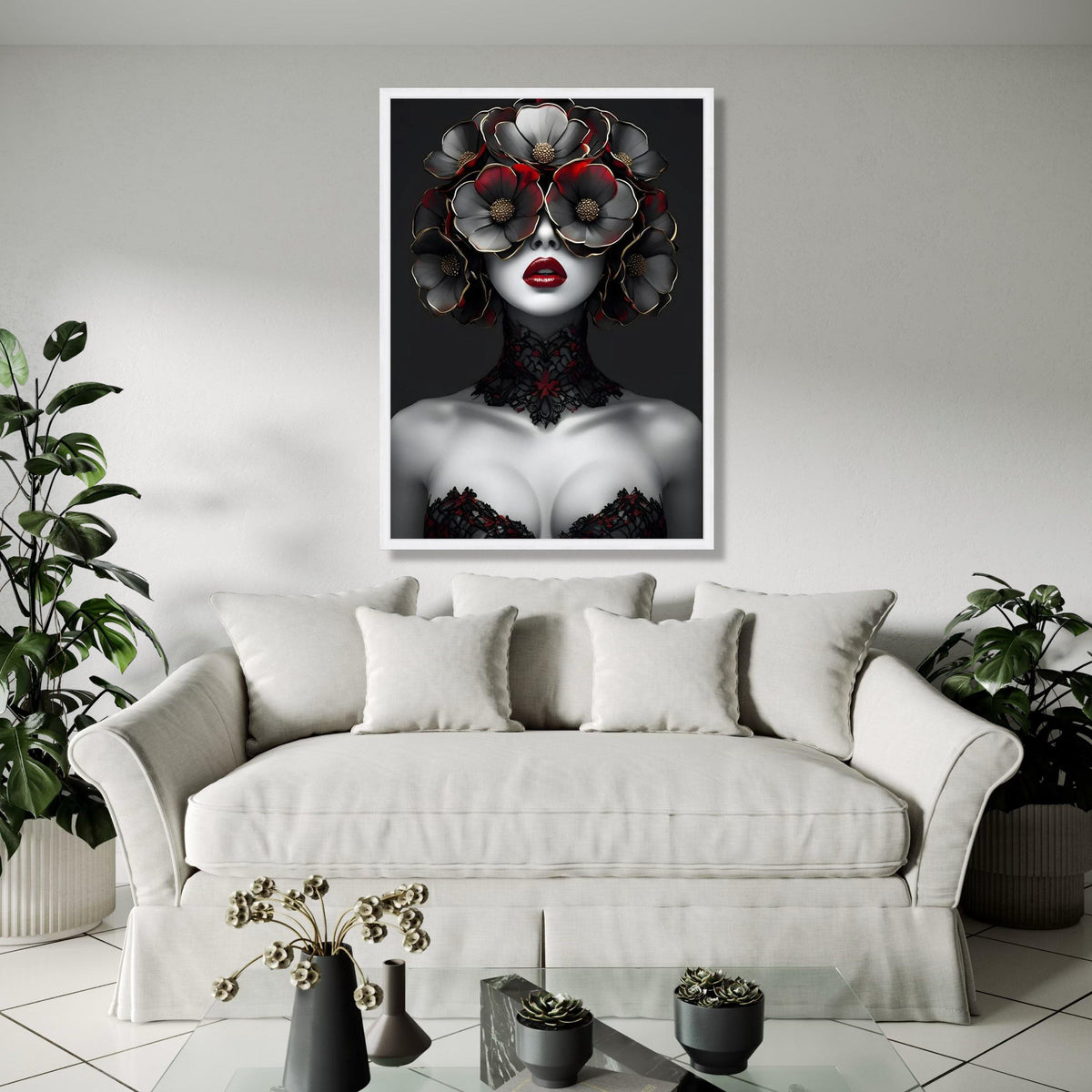 Avant-Garde Woman Portrait Canvas, Floral Headpiece Artwork, Gothic Style Wall Art, Red and Black Decorative Gift Art, Home Decor, Print