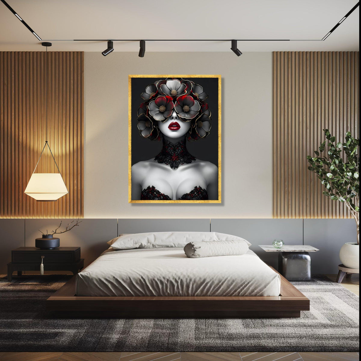 Avant-Garde Woman Portrait Canvas, Floral Headpiece Artwork, Gothic Style Wall Art, Red and Black Decorative Gift Art, Home Decor, Print