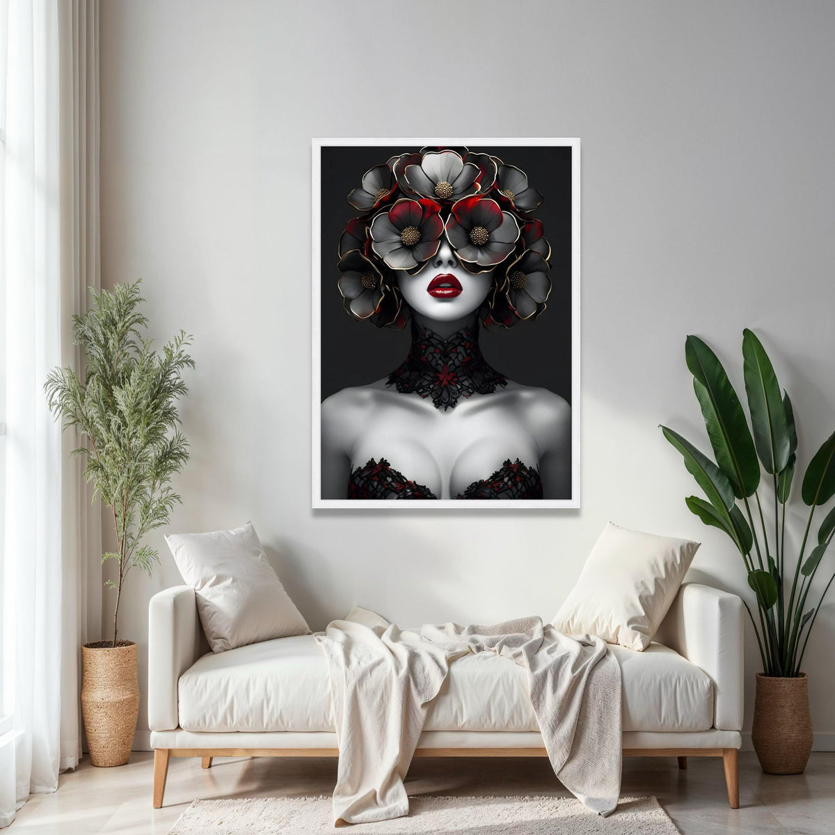 Avant-Garde Woman Portrait Canvas, Floral Headpiece Artwork, Gothic Style Wall Art, Red and Black Decorative Gift Art, Home Decor, Print