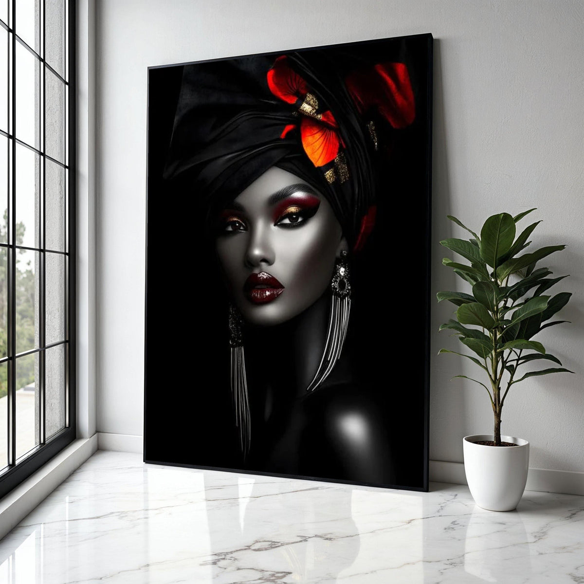Elegant African Woman Canvas Wall Art, Black and Red Headwrap Portrait, Glamorous Makeup Canvas, Modern Ethnic Gift Art, Home Decor, Print