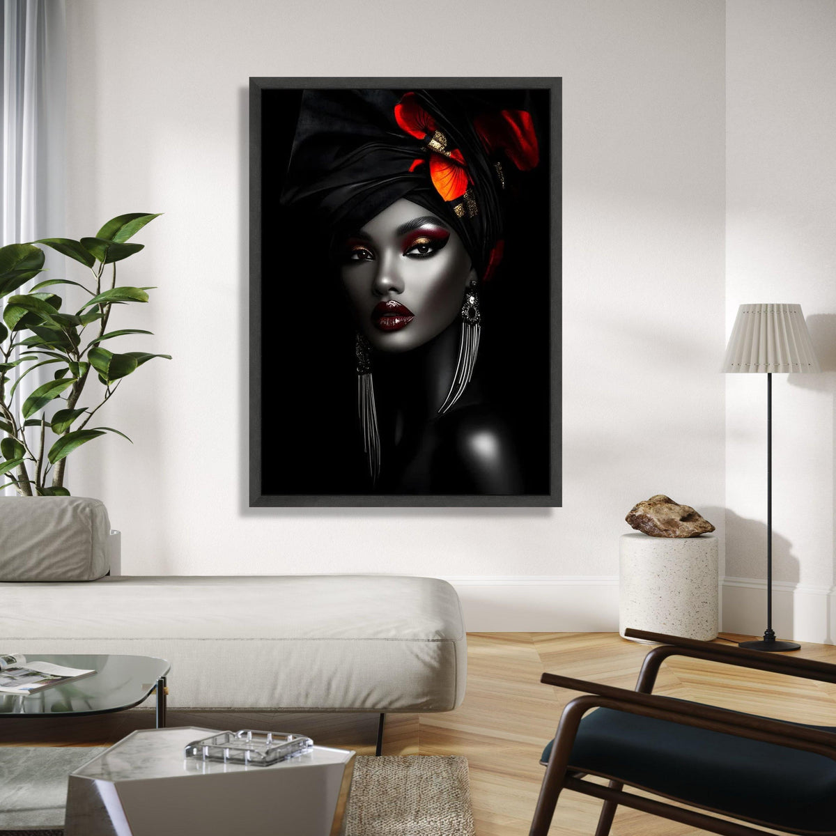 Elegant African Woman Canvas Wall Art, Black and Red Headwrap Portrait, Glamorous Makeup Canvas, Modern Ethnic Gift Art, Home Decor, Print