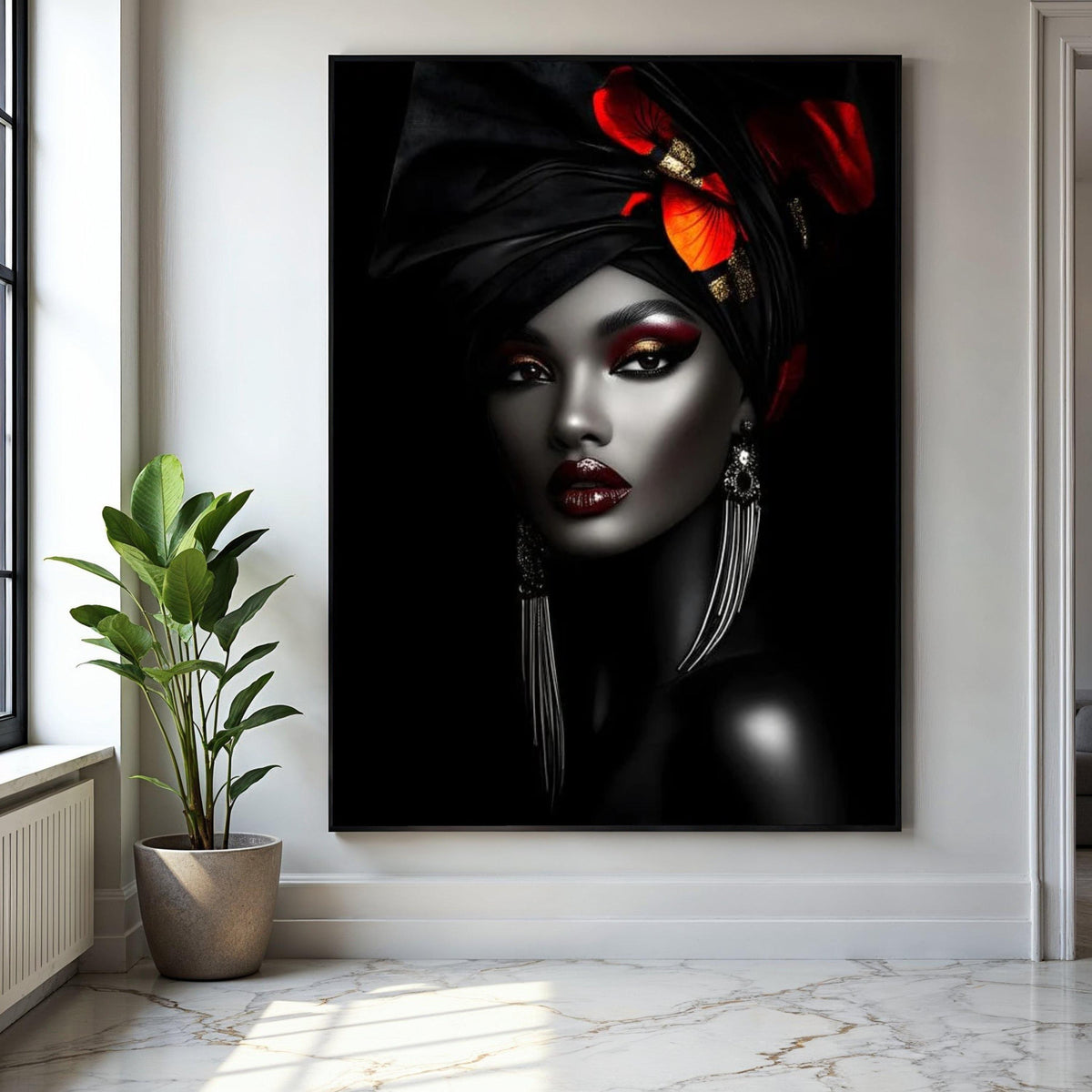 Elegant African Woman Canvas Wall Art, Black and Red Headwrap Portrait, Glamorous Makeup Canvas, Modern Ethnic Gift Art, Home Decor, Print