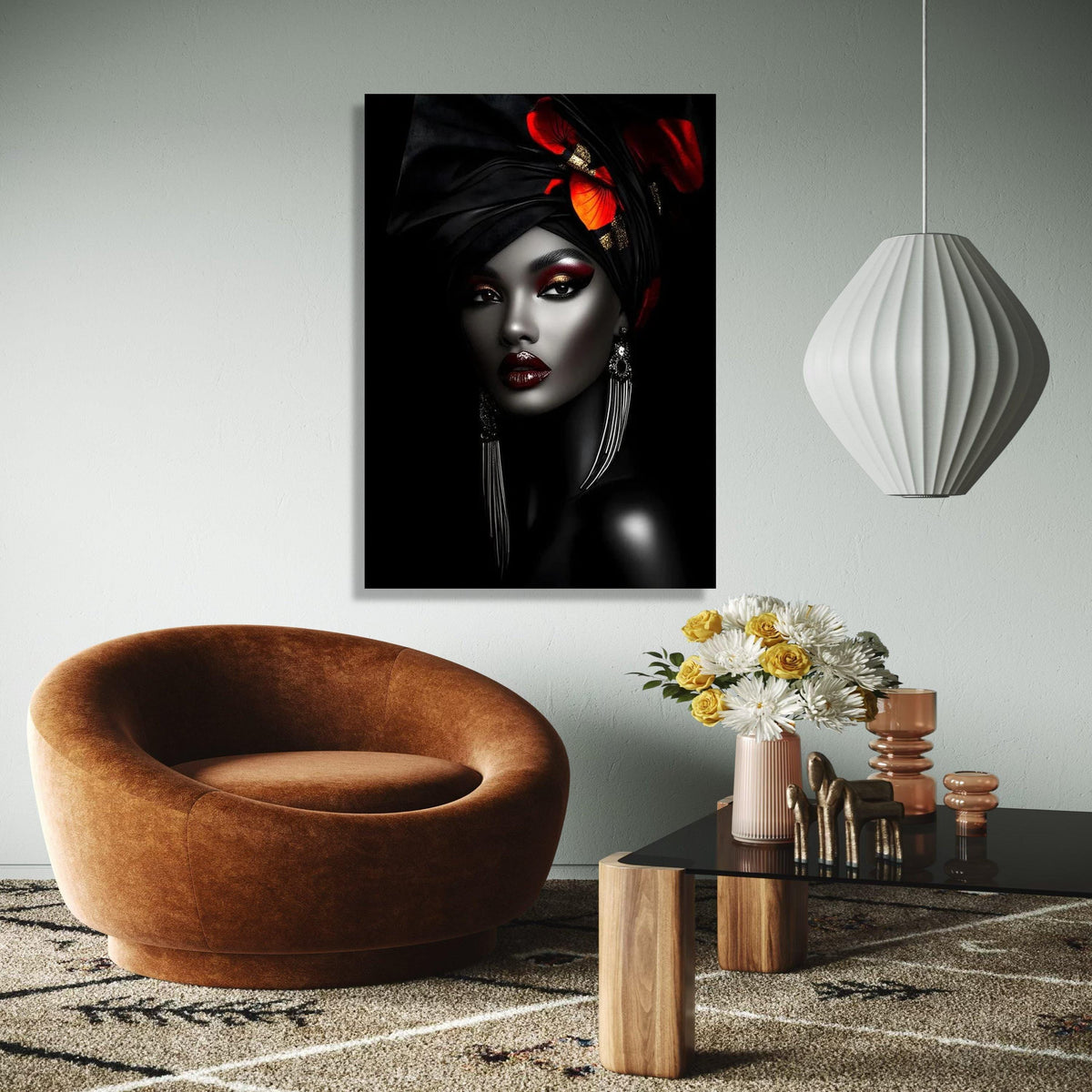 Elegant African Woman Canvas Wall Art, Black and Red Headwrap Portrait, Glamorous Makeup Canvas, Modern Ethnic Gift Art, Home Decor, Print