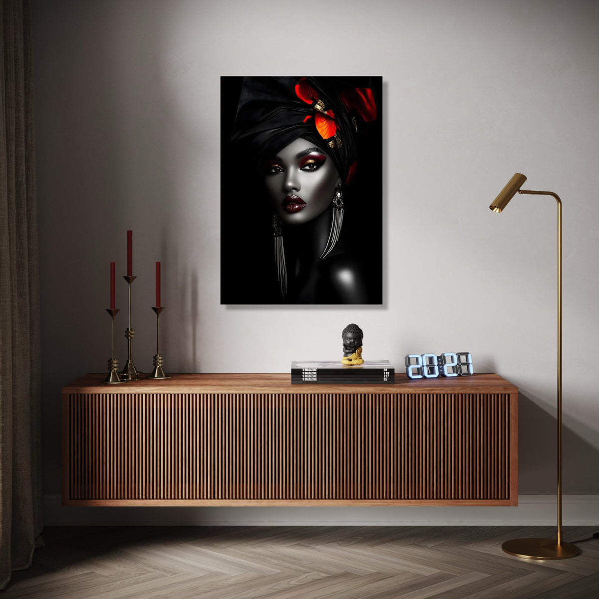 Elegant African Woman Canvas Wall Art, Black and Red Headwrap Portrait, Glamorous Makeup Canvas, Modern Ethnic Gift Art, Home Decor, Print