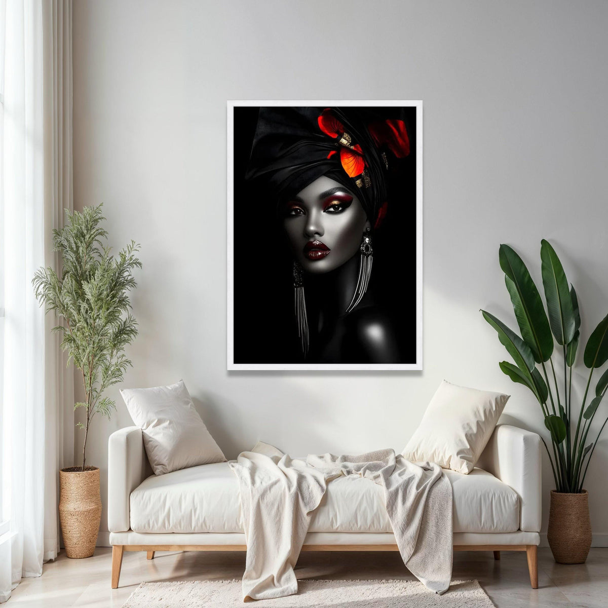 Elegant African Woman Canvas Wall Art, Black and Red Headwrap Portrait, Glamorous Makeup Canvas, Modern Ethnic Gift Art, Home Decor, Print