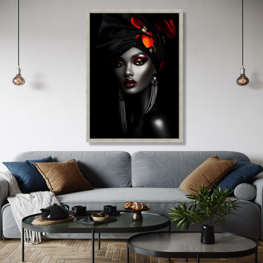 Elegant African Woman Canvas Wall Art, Black and Red Headwrap Portrait, Glamorous Makeup Canvas, Modern Ethnic Gift Art, Home Decor, Print