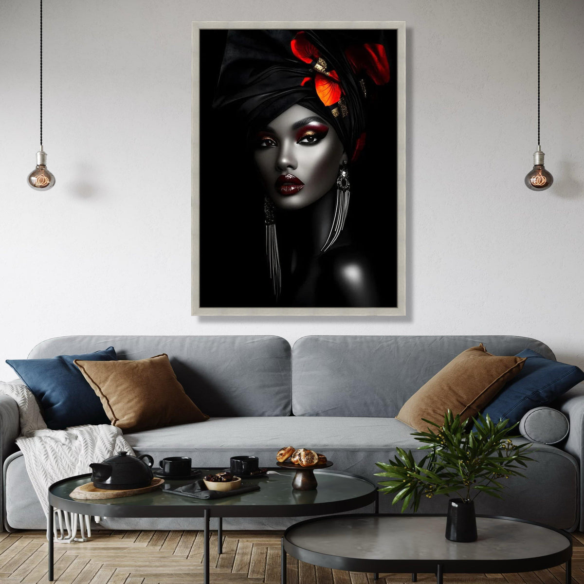 Elegant African Woman Canvas Wall Art, Black and Red Headwrap Portrait, Glamorous Makeup Canvas, Modern Ethnic Gift Art, Home Decor, Print