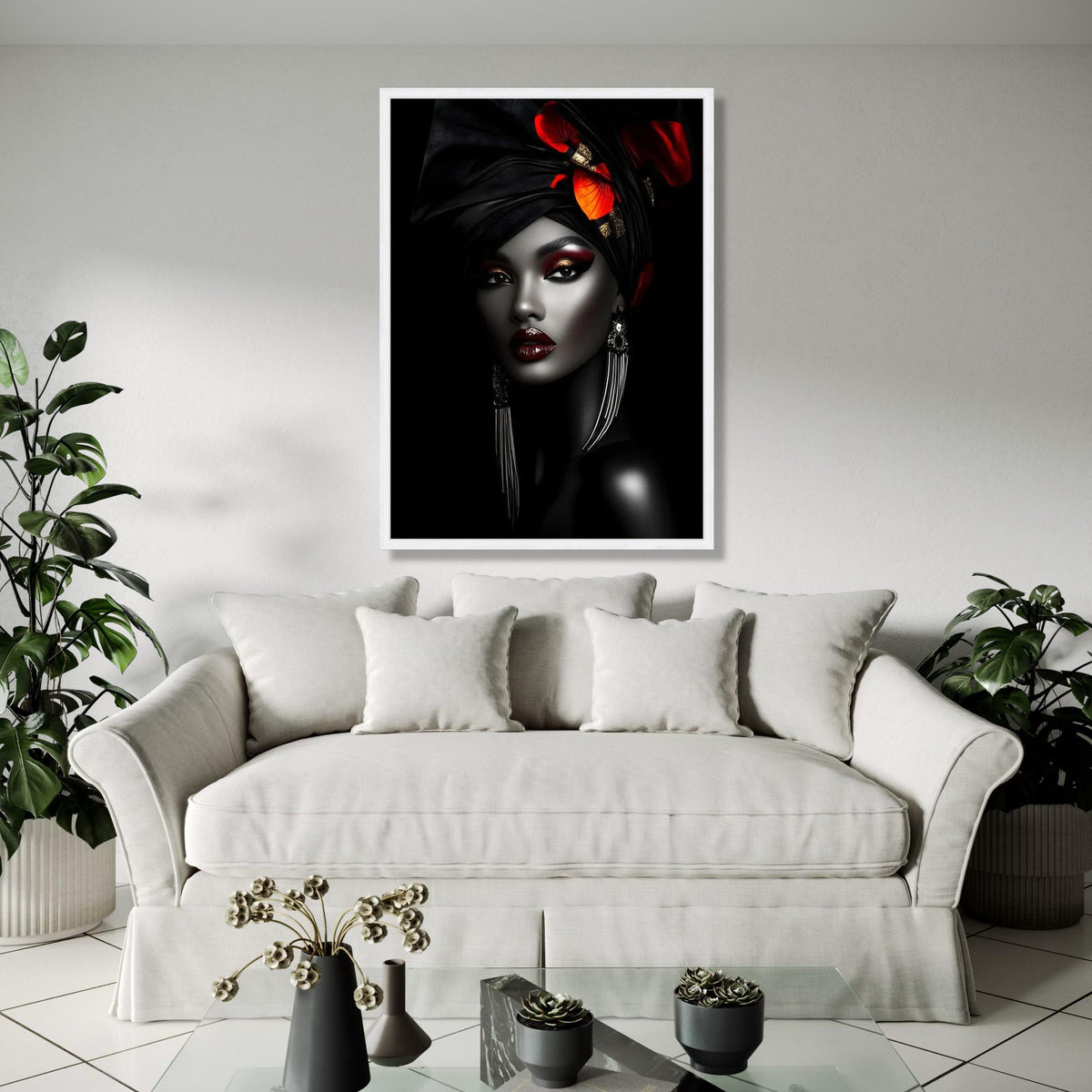 Elegant African Woman Canvas Wall Art, Black and Red Headwrap Portrait, Glamorous Makeup Canvas, Modern Ethnic Gift Art, Home Decor, Print