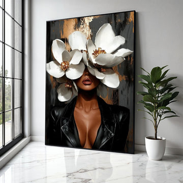 Modern Woman with White Magnolia Flowers Canvas, Floral Portrait Wall Art, Elegant Black Leather Jacket, Gift Art, Home Decor, Print