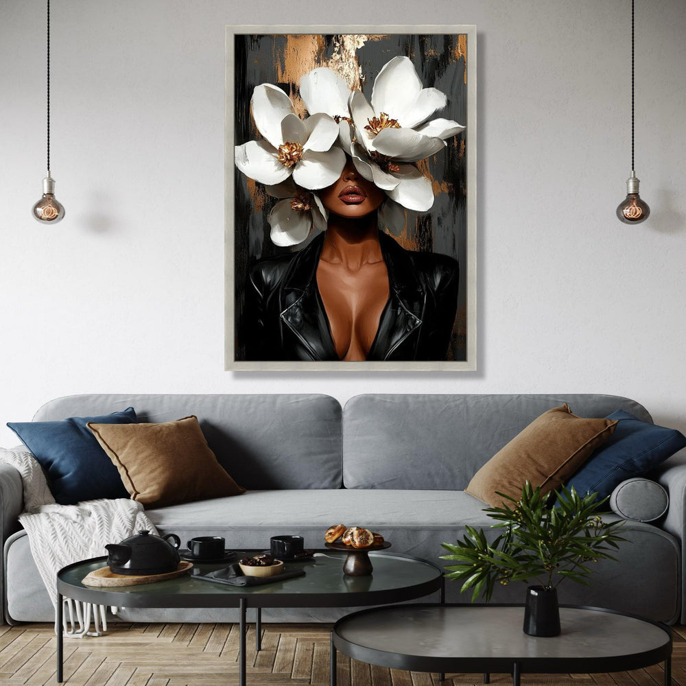 Modern Woman with White Magnolia Flowers Canvas, Floral Portrait Wall Art, Elegant Black Leather Jacket, Gift Art, Home Decor, Print