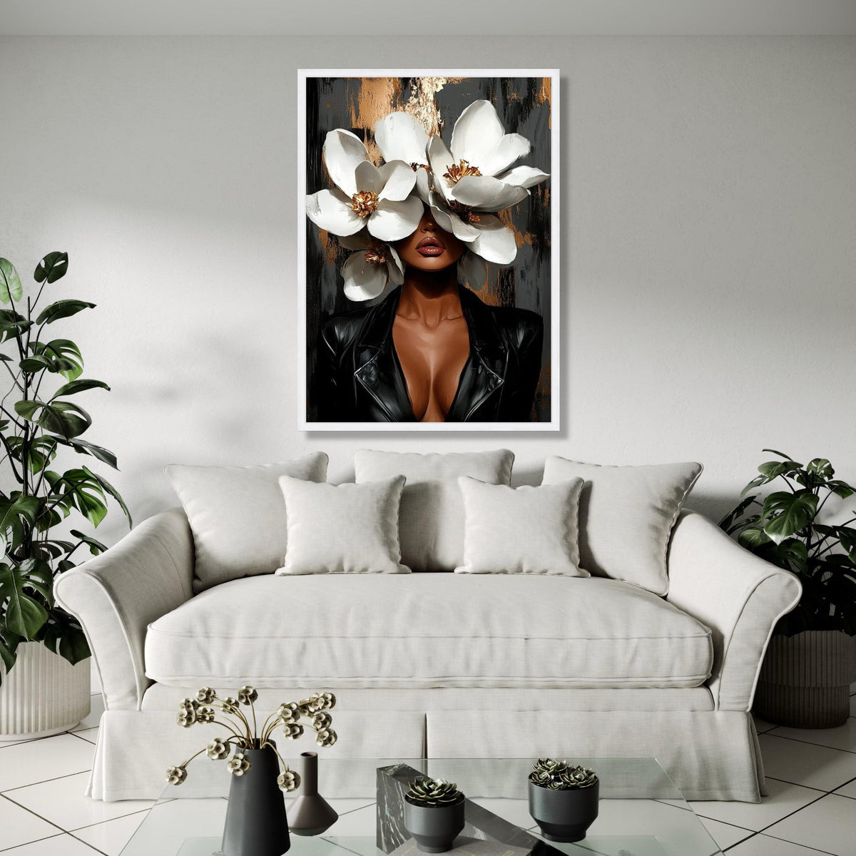 Modern Woman with White Magnolia Flowers Canvas, Floral Portrait Wall Art, Elegant Black Leather Jacket, Gift Art, Home Decor, Print