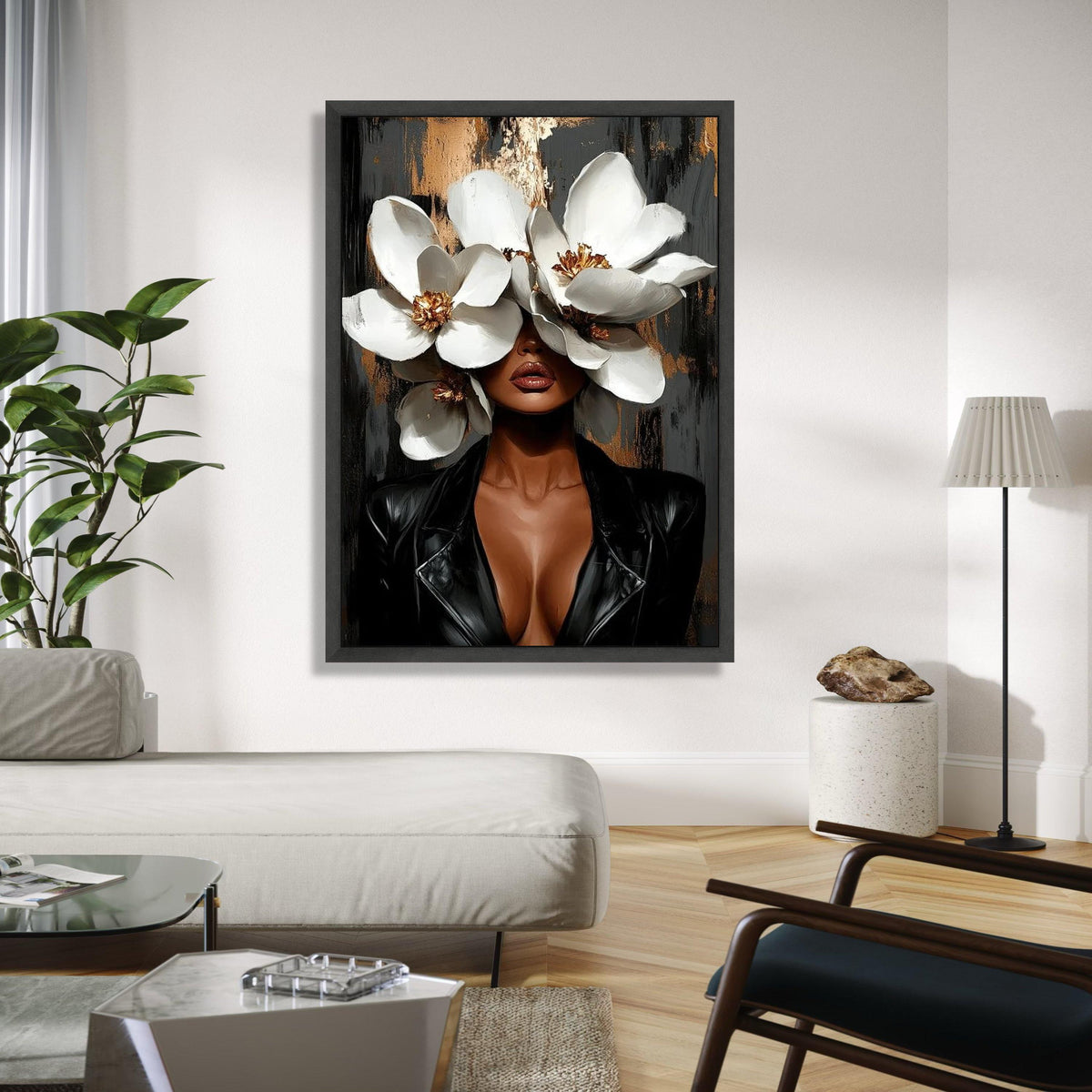 Modern Woman with White Magnolia Flowers Canvas, Floral Portrait Wall Art, Elegant Black Leather Jacket, Gift Art, Home Decor, Print