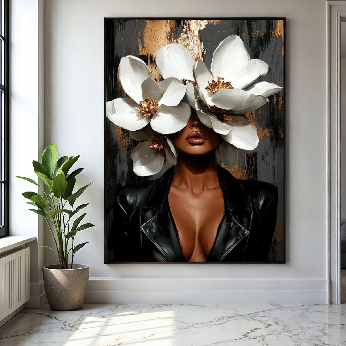 Modern Woman with White Magnolia Flowers Canvas, Floral Portrait Wall Art, Elegant Black Leather Jacket, Gift Art, Home Decor, Print