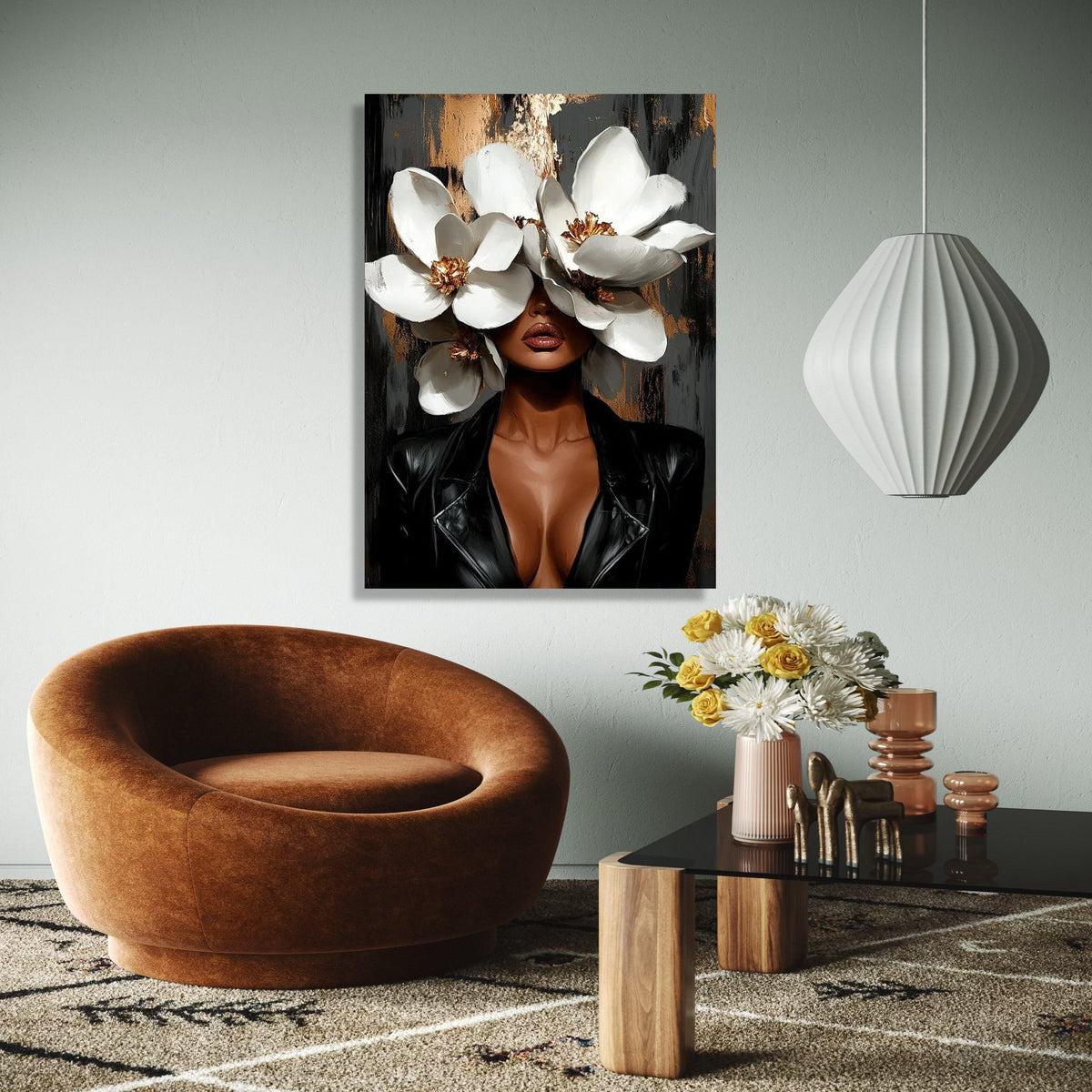 Modern Woman with White Magnolia Flowers Canvas, Floral Portrait Wall Art, Elegant Black Leather Jacket, Gift Art, Home Decor, Print