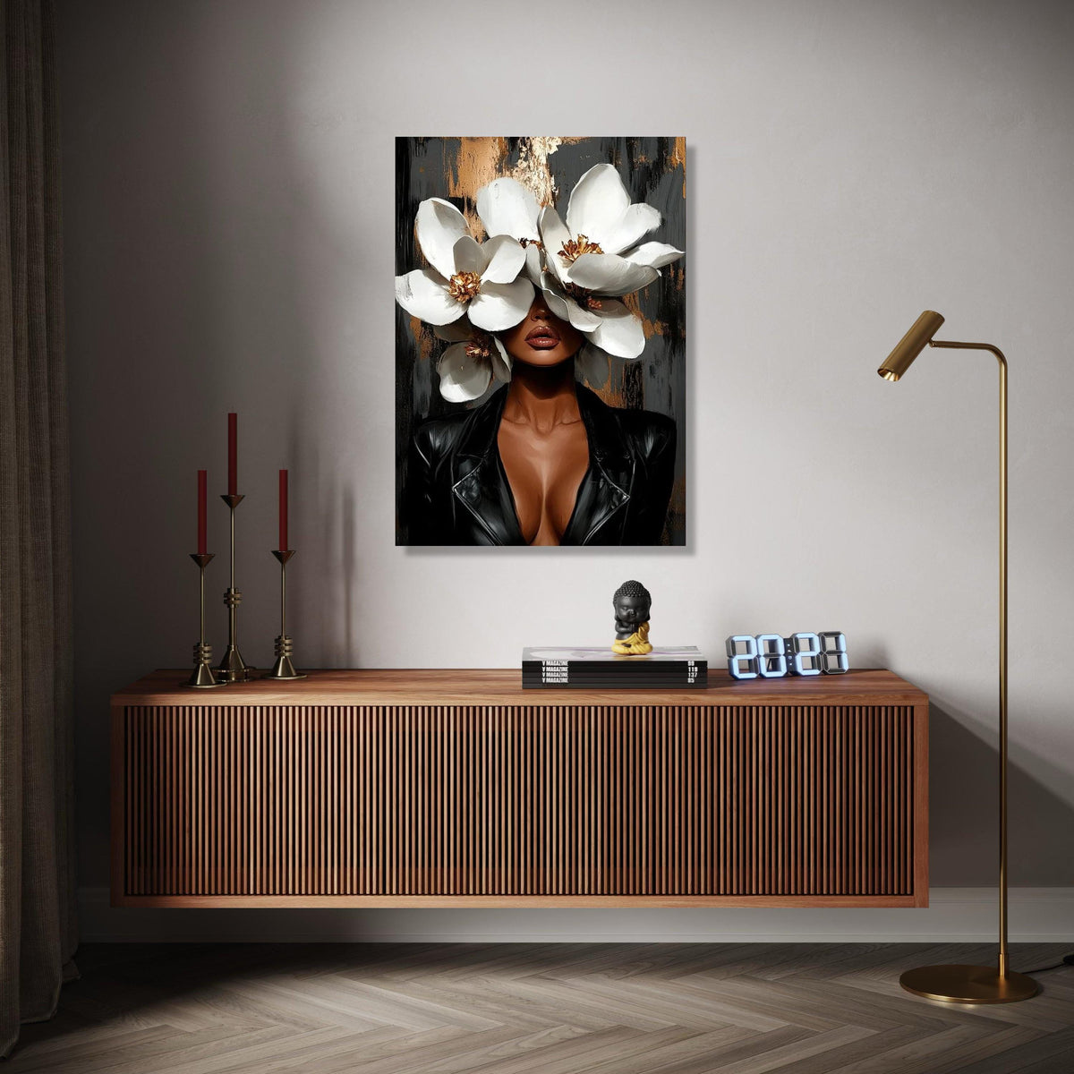Modern Woman with White Magnolia Flowers Canvas, Floral Portrait Wall Art, Elegant Black Leather Jacket, Gift Art, Home Decor, Print