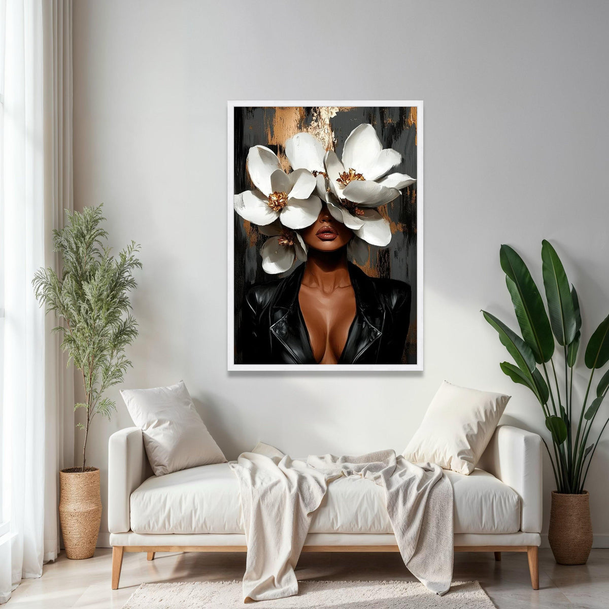 Modern Woman with White Magnolia Flowers Canvas, Floral Portrait Wall Art, Elegant Black Leather Jacket, Gift Art, Home Decor, Print