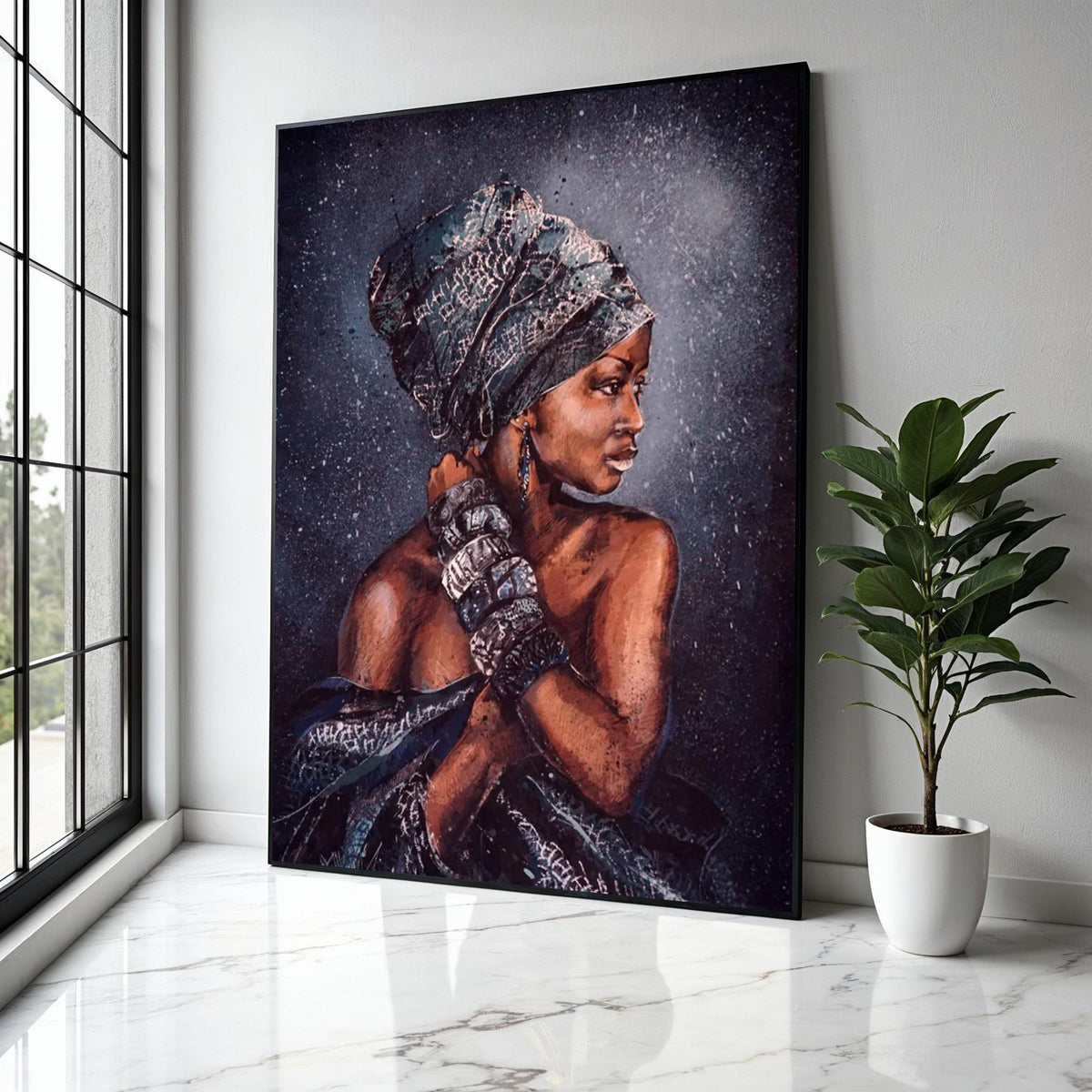 Elegant African Woman Canvas Art, Tribal Headwrap Portrait, Ethnic Wall Decor, Cultural Home Decoration, Modern Gift Art, Home Decor, Print