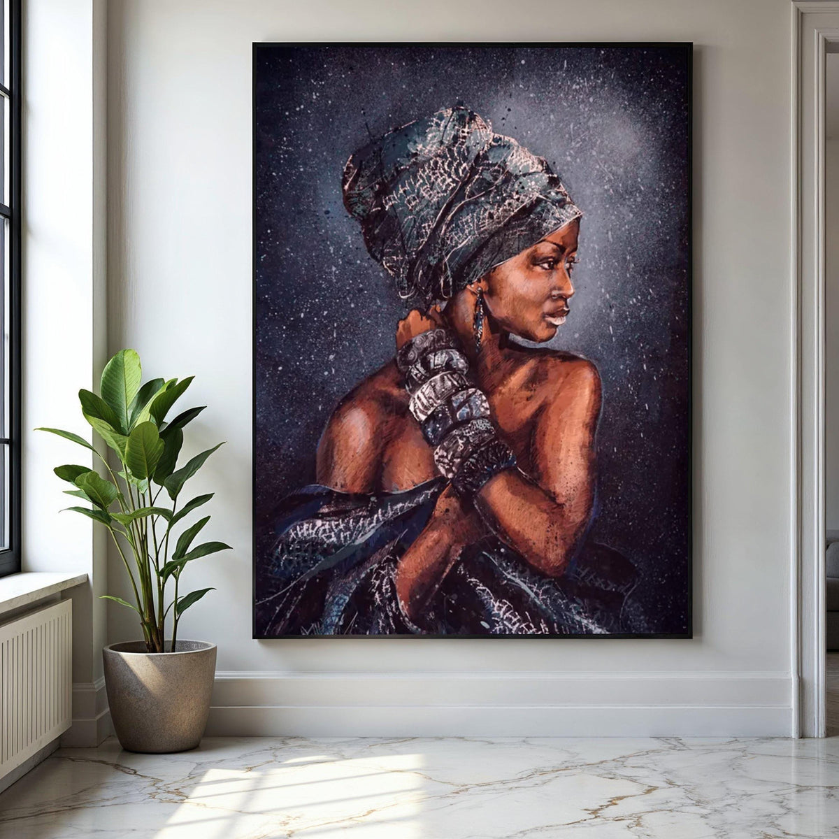 Elegant African Woman Canvas Art, Tribal Headwrap Portrait, Ethnic Wall Decor, Cultural Home Decoration, Modern Gift Art, Home Decor, Print