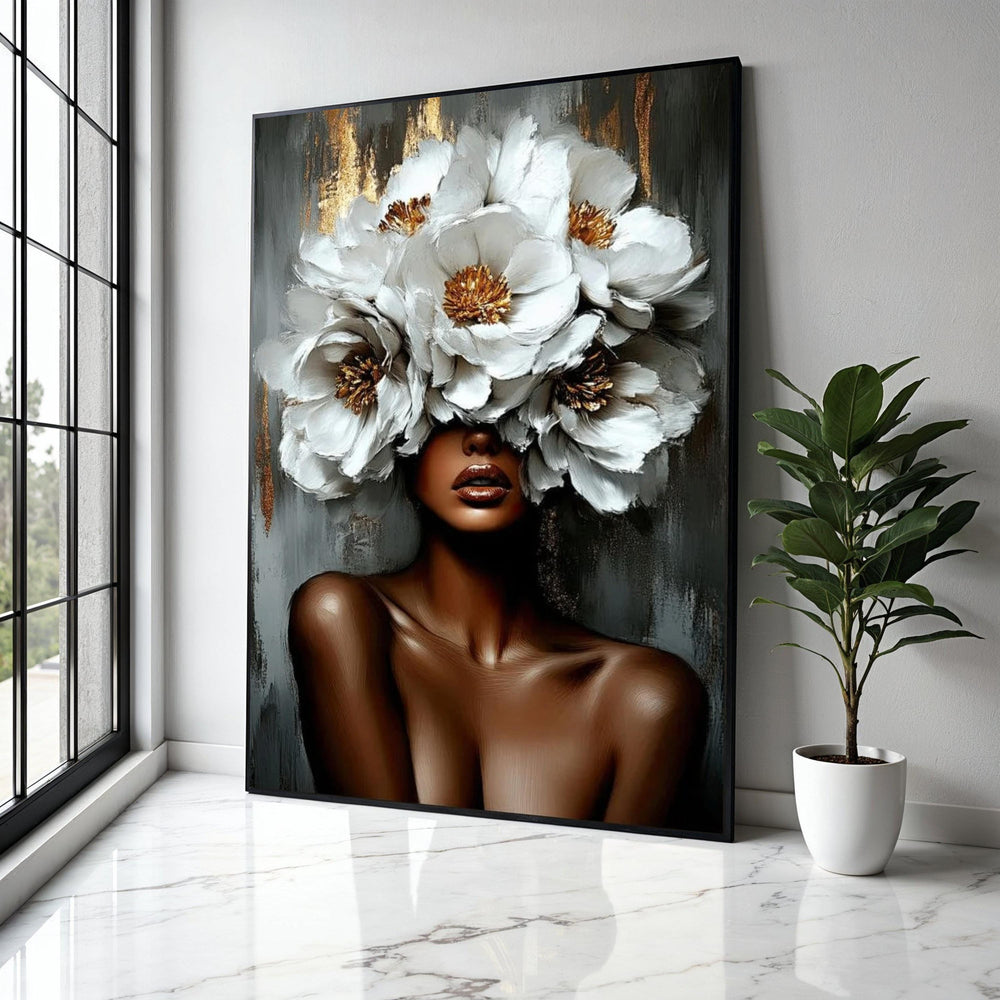 Elegant Woman with White Floral Headpiece Canvas, Modern Portrait Wall Art, Feminine Decorative Canvas, Luxury Gift Art, Home Decor, Print