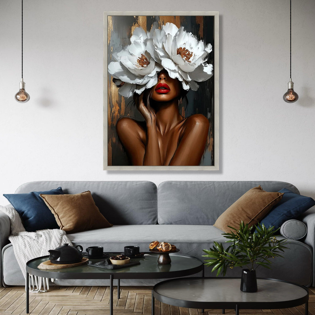 Elegant Woman Portrait with White Flower Hat Canvas, Modern Floral Wall Art, Abstract Female Face Painting, Gift Art, Home Decor, Print