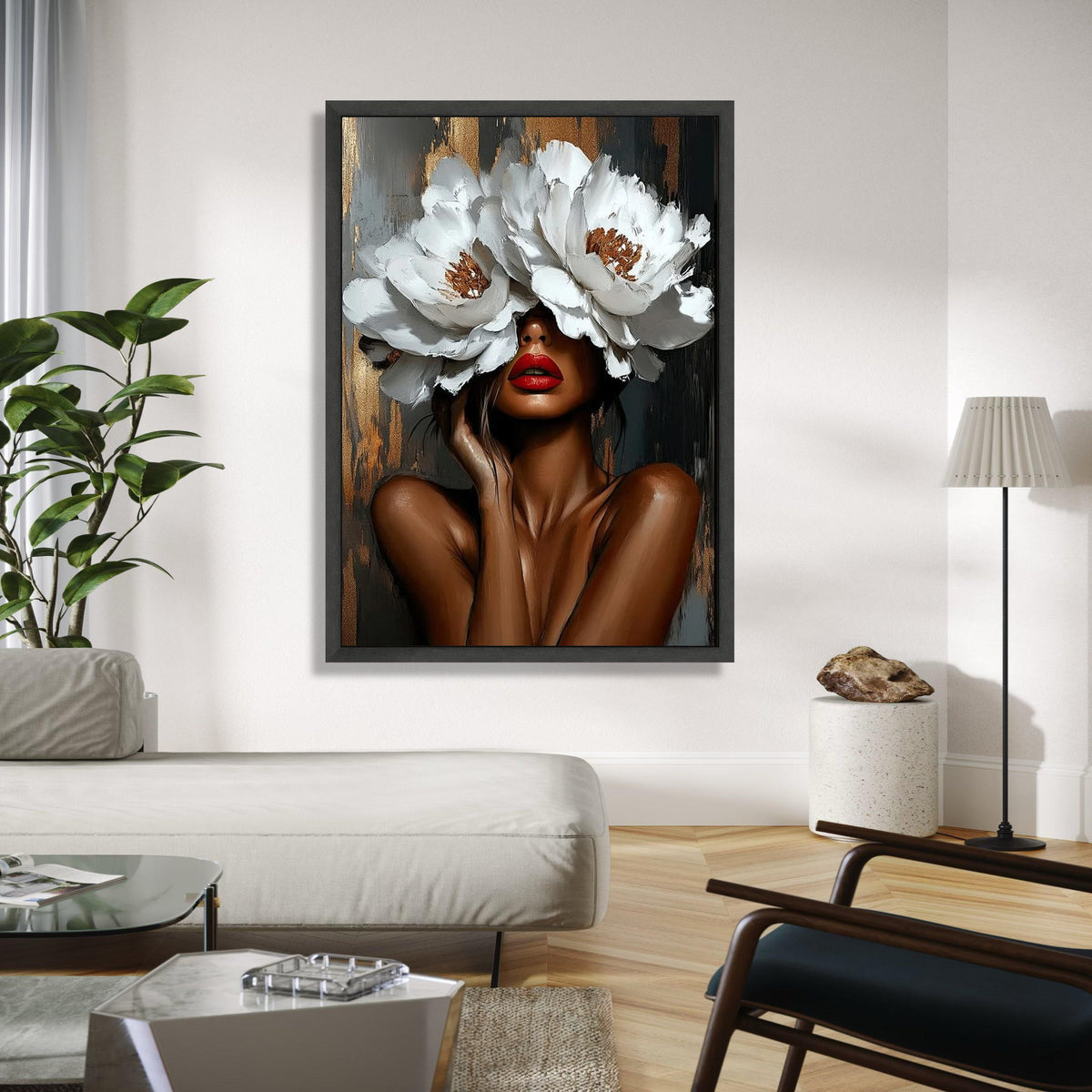 Elegant Woman Portrait with White Flower Hat Canvas, Modern Floral Wall Art, Abstract Female Face Painting, Gift Art, Home Decor, Print
