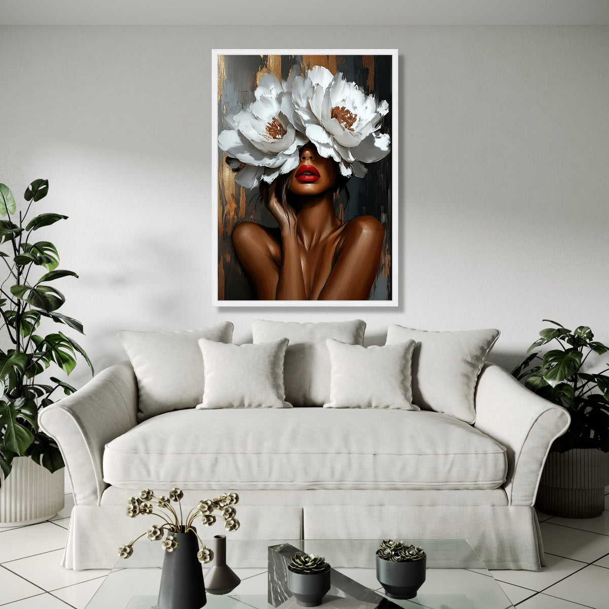 Elegant Woman Portrait with White Flower Hat Canvas, Modern Floral Wall Art, Abstract Female Face Painting, Gift Art, Home Decor, Print