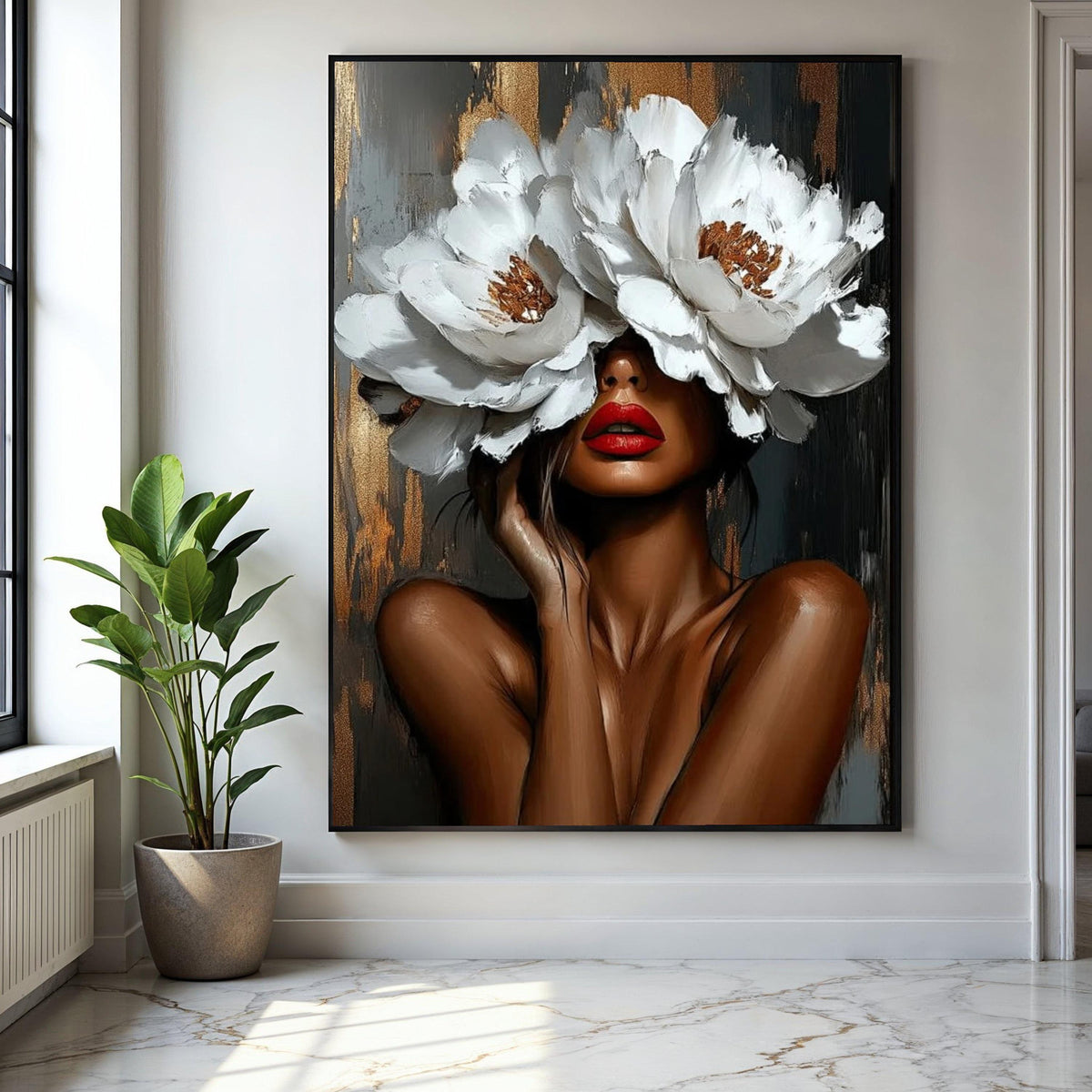 Elegant Woman Portrait with White Flower Hat Canvas, Modern Floral Wall Art, Abstract Female Face Painting, Gift Art, Home Decor, Print