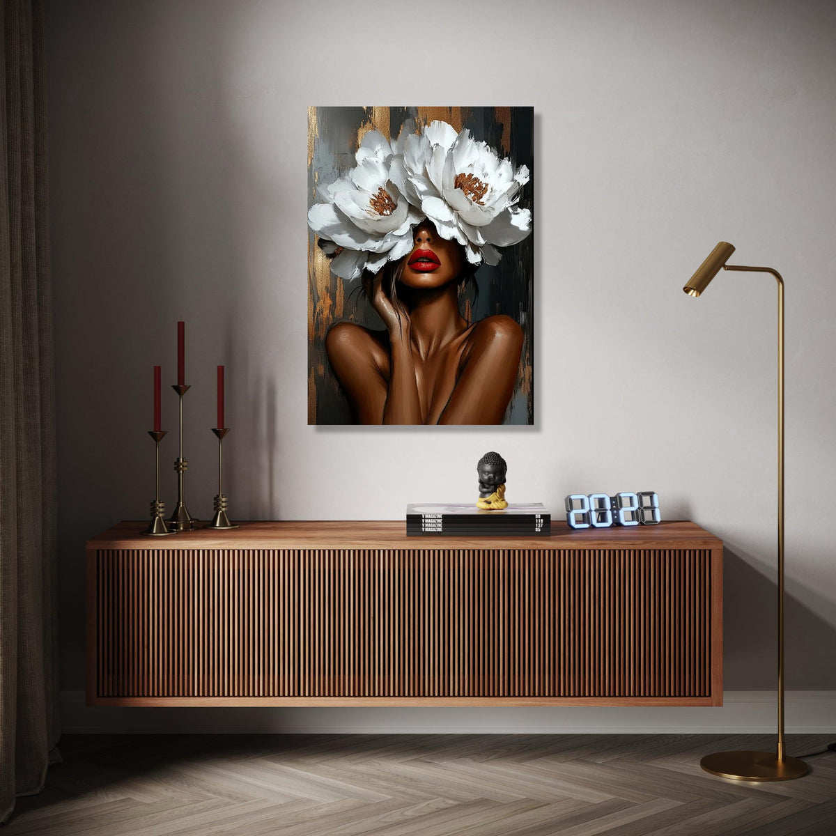 Elegant Woman Portrait with White Flower Hat Canvas, Modern Floral Wall Art, Abstract Female Face Painting, Gift Art, Home Decor, Print