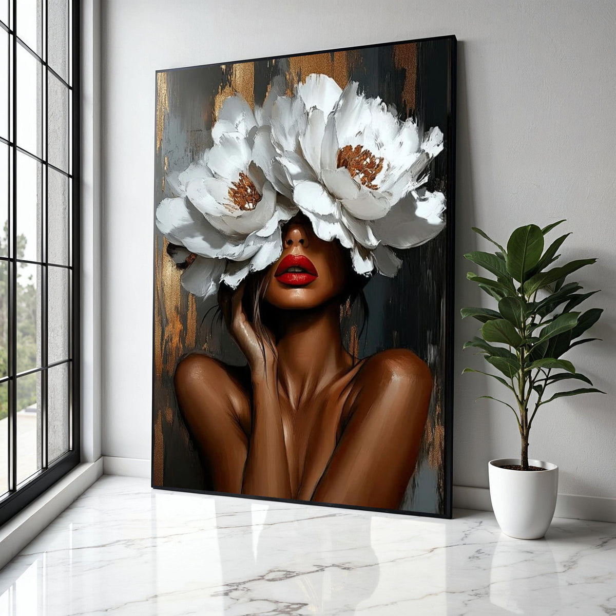 Elegant Woman Portrait with White Flower Hat Canvas, Modern Floral Wall Art, Abstract Female Face Painting, Gift Art, Home Decor, Print