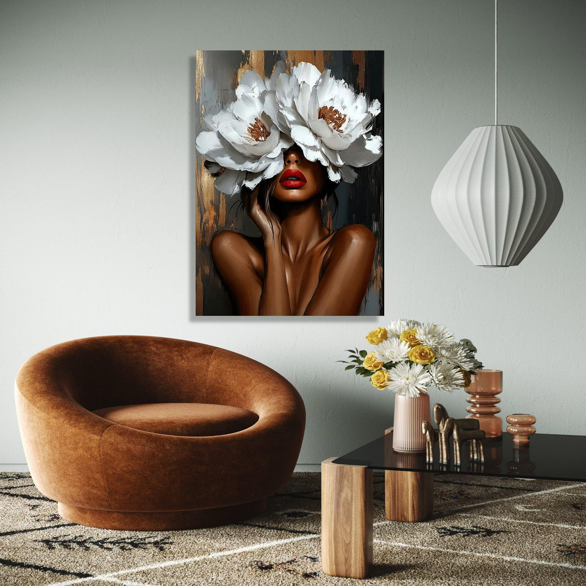 Elegant Woman Portrait with White Flower Hat Canvas, Modern Floral Wall Art, Abstract Female Face Painting, Gift Art, Home Decor, Print