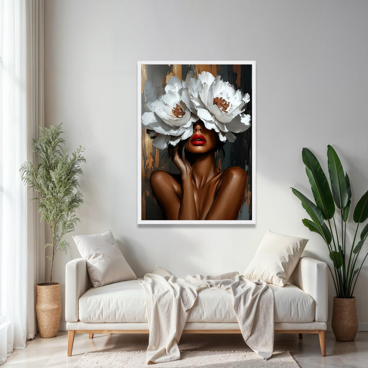 Elegant Woman Portrait with White Flower Hat Canvas, Modern Floral Wall Art, Abstract Female Face Painting, Gift Art, Home Decor, Print