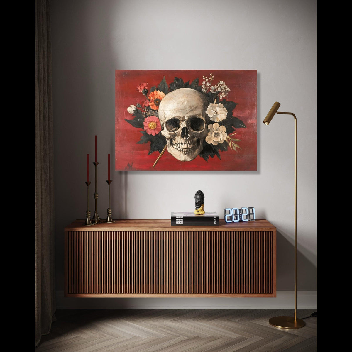 Floral Skull Canvas Wall Art, Gothic Home Decor, Dark Florals Canvas, Halloween Theme Wall Art, Moody Botanical Gift Art, Home Decor, Print