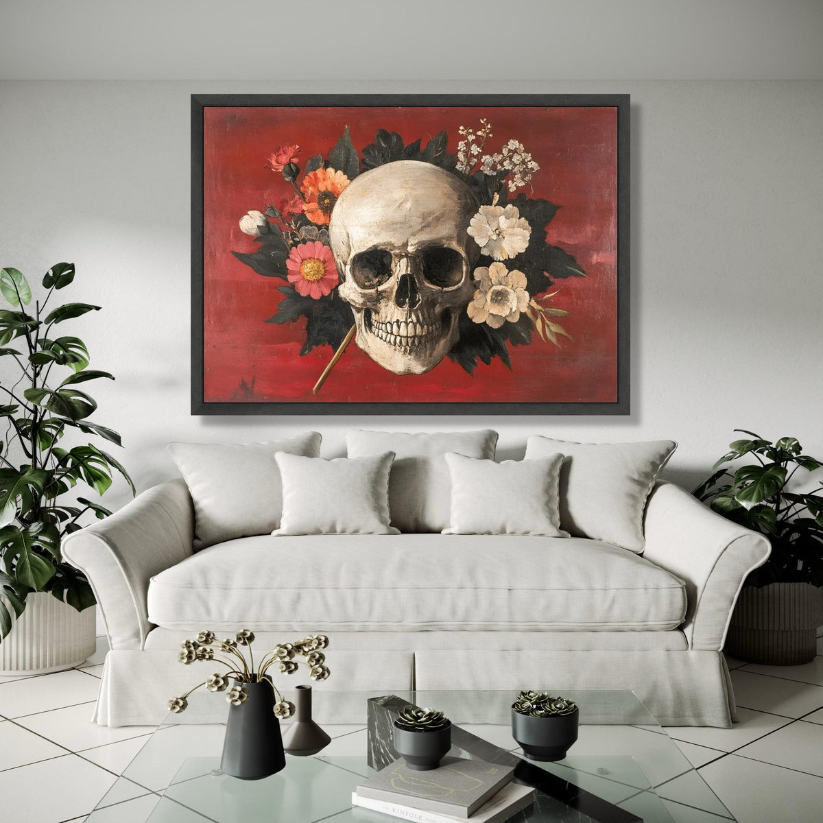 Floral Skull Canvas Wall Art, Gothic Home Decor, Dark Florals Canvas, Halloween Theme Wall Art, Moody Botanical Gift Art, Home Decor, Print