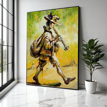 Vintage Pied Piper Canvas, Musical Instrument Wall Art, Abstract Musician Painting, Retro Folk Art Canvas, Gift Art, Home Decor, Print