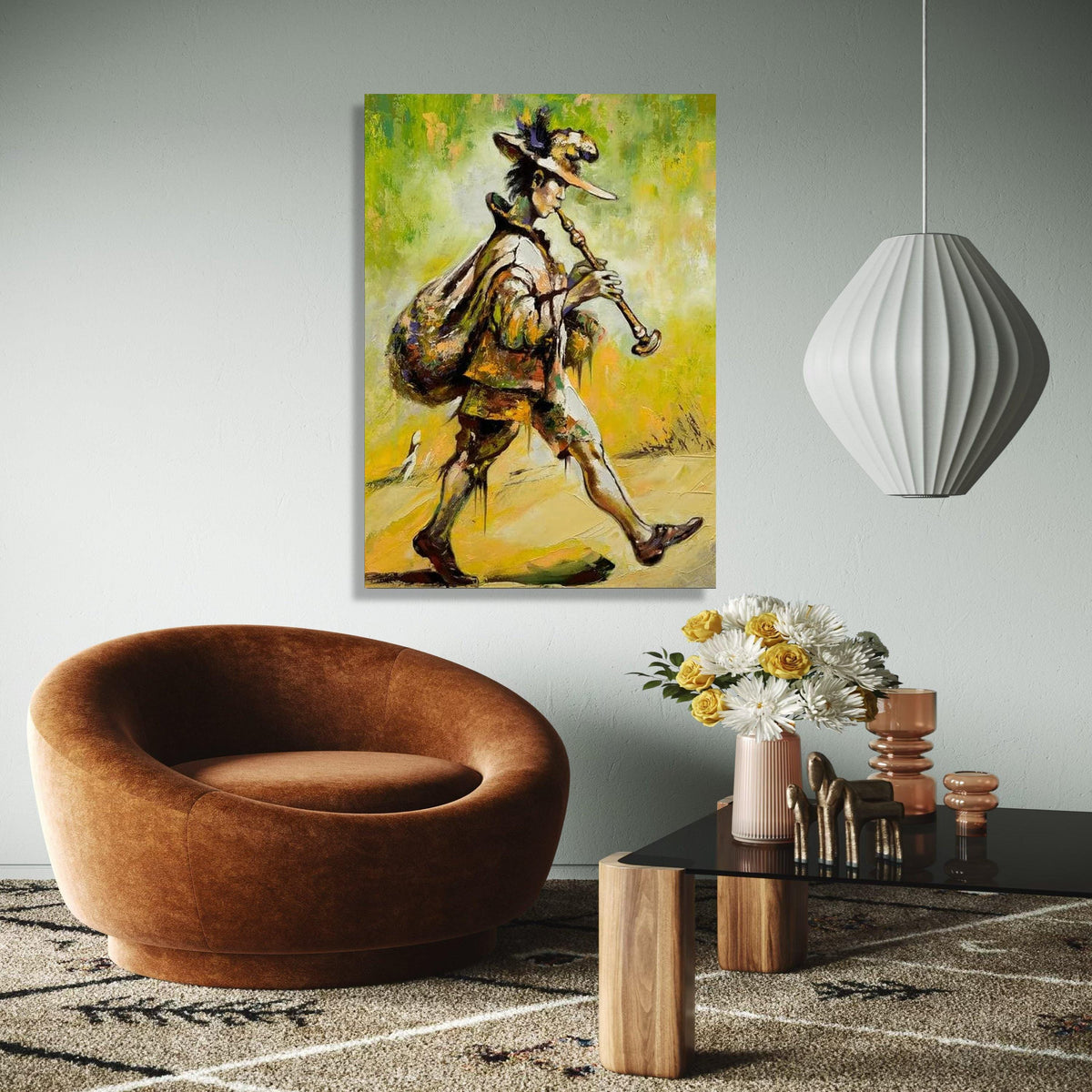 Vintage Pied Piper Canvas, Musical Instrument Wall Art, Abstract Musician Painting, Retro Folk Art Canvas, Gift Art, Home Decor, Print