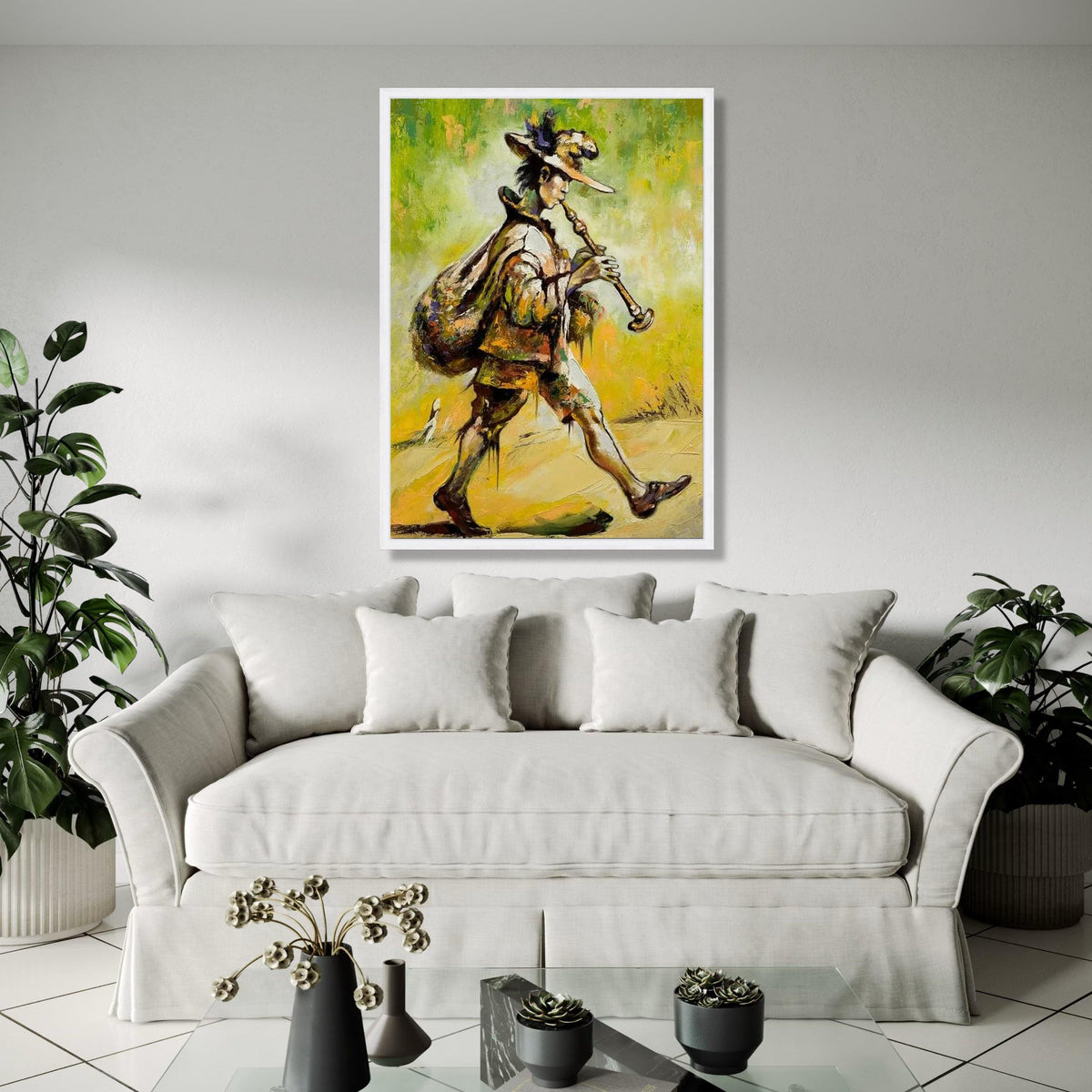 Vintage Pied Piper Canvas, Musical Instrument Wall Art, Abstract Musician Painting, Retro Folk Art Canvas, Gift Art, Home Decor, Print