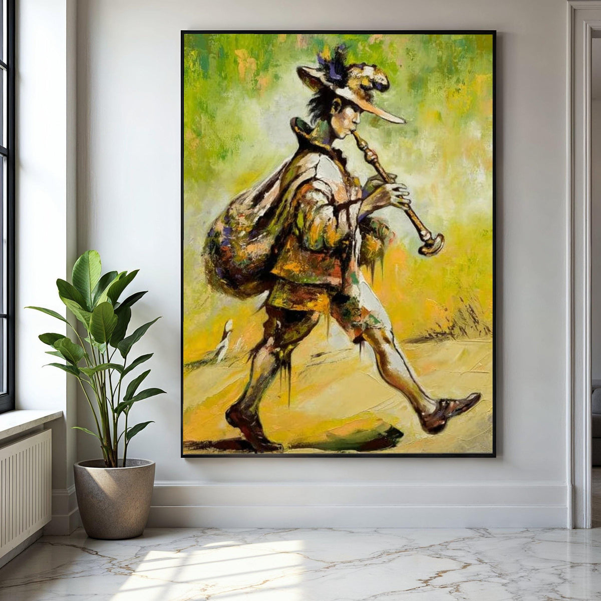 Vintage Pied Piper Canvas, Musical Instrument Wall Art, Abstract Musician Painting, Retro Folk Art Canvas, Gift Art, Home Decor, Print