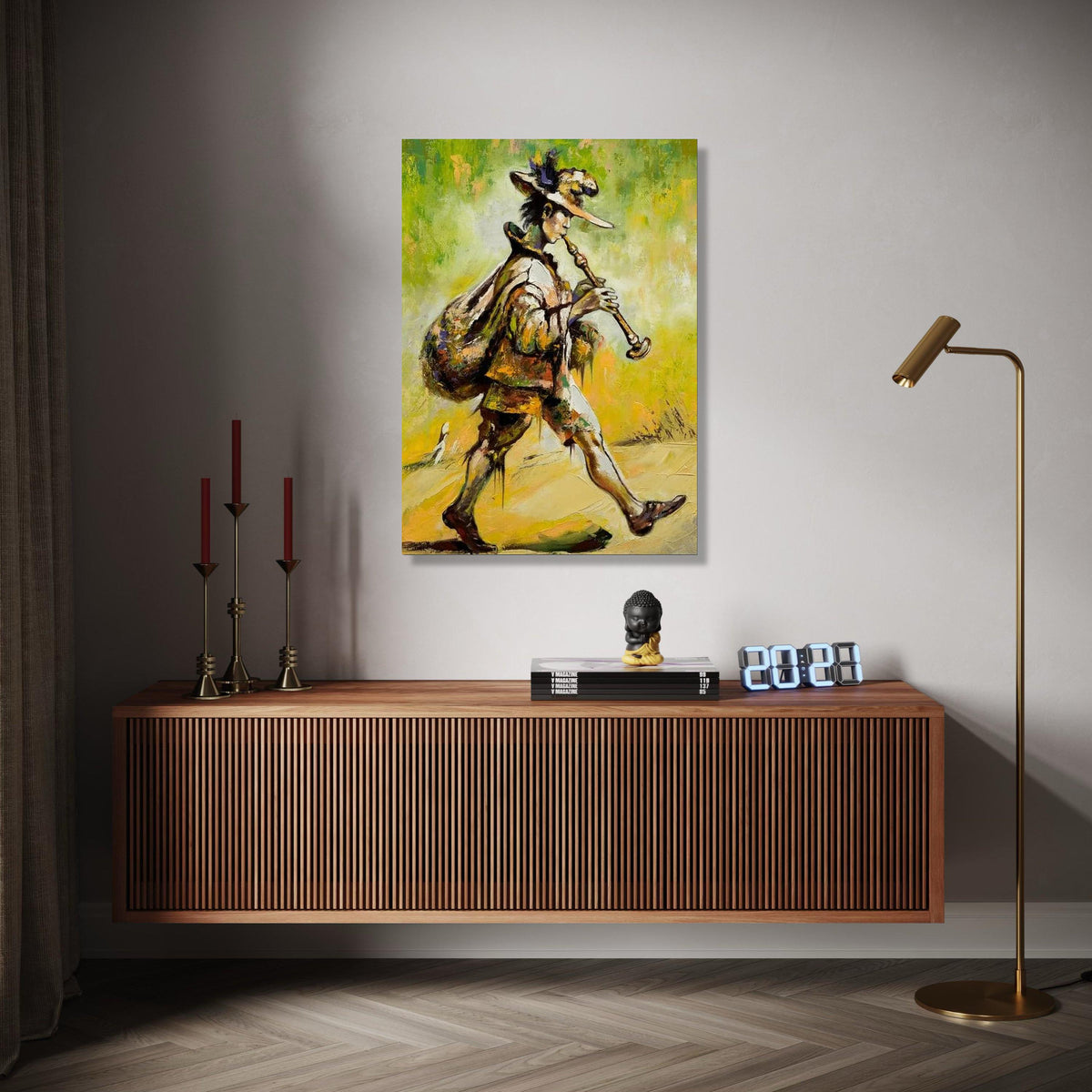 Vintage Pied Piper Canvas, Musical Instrument Wall Art, Abstract Musician Painting, Retro Folk Art Canvas, Gift Art, Home Decor, Print