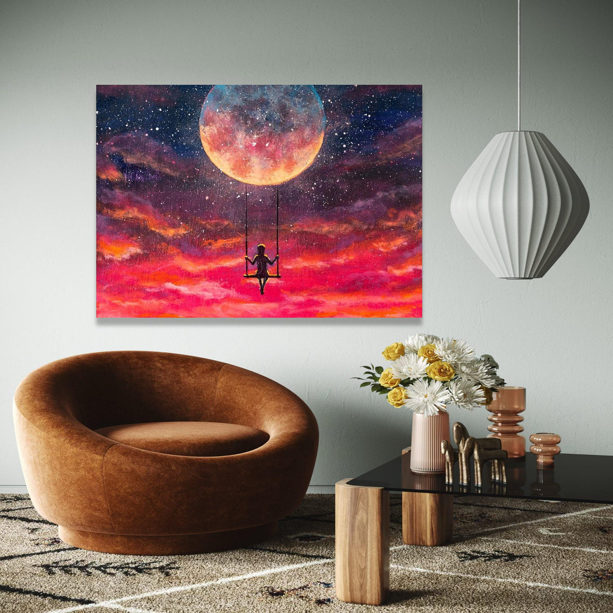 Girl Swinging on Moon Canvas, Dreamy Night Sky Wall Art, Celestial Fantasy Canvas, Inspirational Home Gift Art, Home Decor, Print