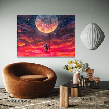 Girl Swinging on Moon Canvas, Dreamy Night Sky Wall Art, Celestial Fantasy Canvas, Inspirational Home Gift Art, Home Decor, Print