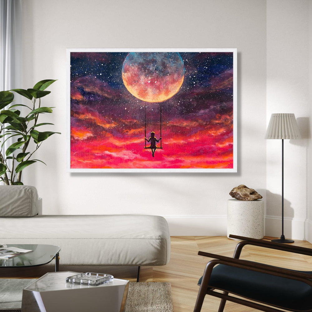 Girl Swinging on Moon Canvas, Dreamy Night Sky Wall Art, Celestial Fantasy Canvas, Inspirational Home Gift Art, Home Decor, Print