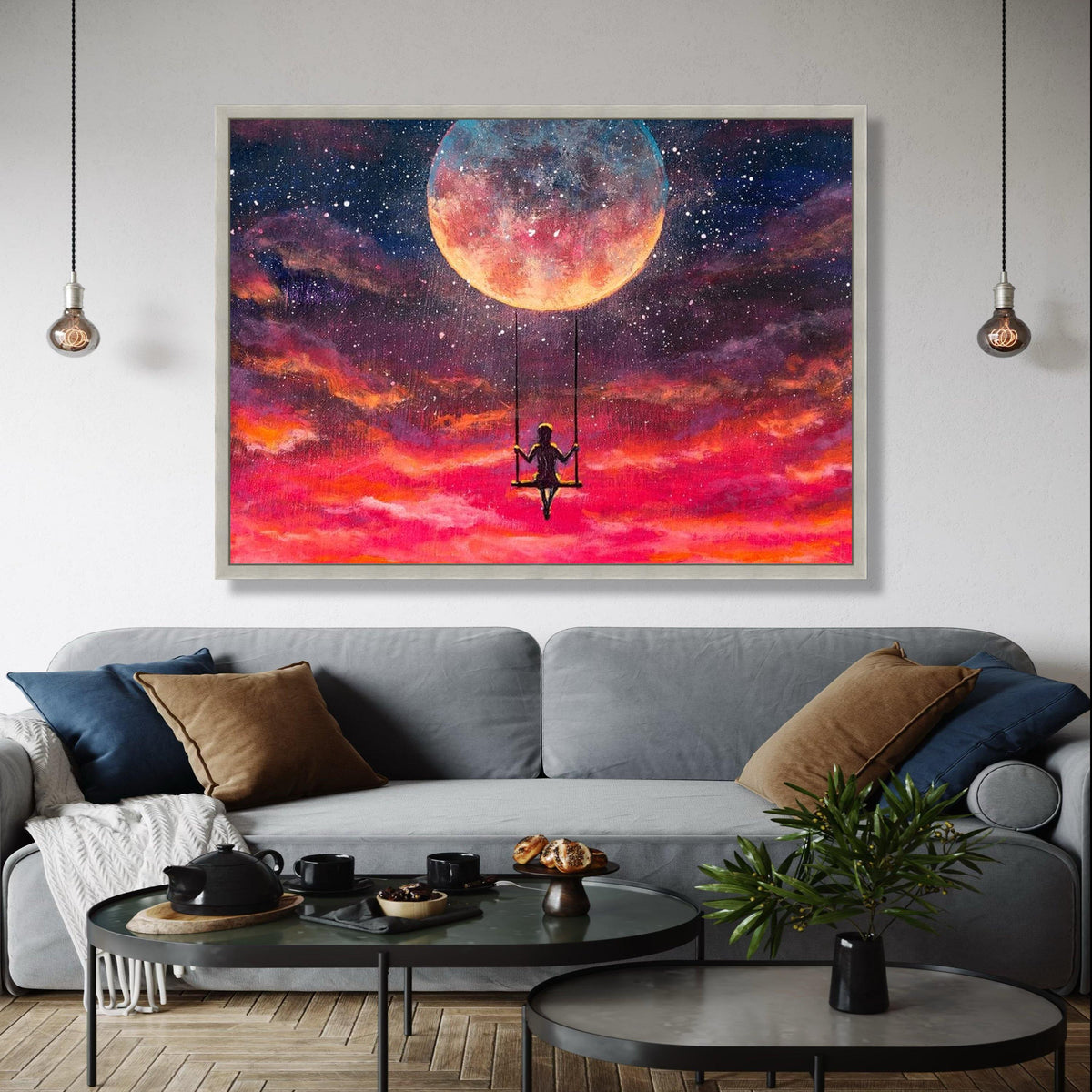 Girl Swinging on Moon Canvas, Dreamy Night Sky Wall Art, Celestial Fantasy Canvas, Inspirational Home Gift Art, Home Decor, Print